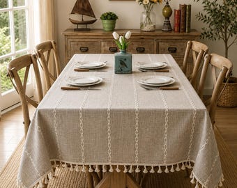 Tassel Tablecloth Stain Resistant, Cotton Linen Stripe Table Cover, Farmhouse Kitchen Dining Decor