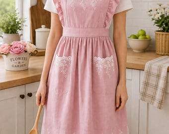 May include: A pink apron with white lace trim and ruffle details. The apron has two pockets and a white lace design on the bib. A wooden spoon is held in the hand. The apron is worn over a white t-shirt.