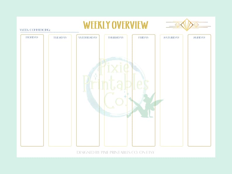 Art Deco Weekly Overview Printable: Blue and Gold, 3 Templates (PDF ...