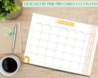 Groovy Printable 12 Monthly Calendars || Sunday Start | A4 Landscape | Horizontal | PDF Instant Download | 60s | Retro | Orange | Bright
