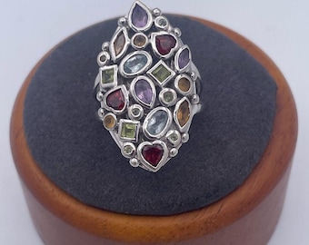 Princess Jaipur Sterling Silver 925 Multi Gemstone Mosaic Statement Ring Size 8