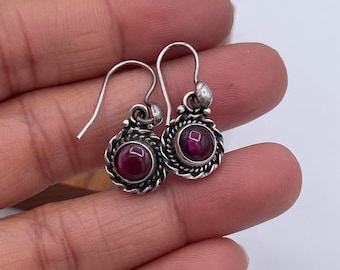 Pendientes vintage de plata de ley con cabujón de granate rodolita, 925, artesanales