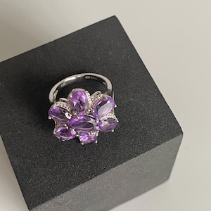 925 Sterling Silver Designer Amethyst Pavé Flower Cocktail Ring – Size 6
