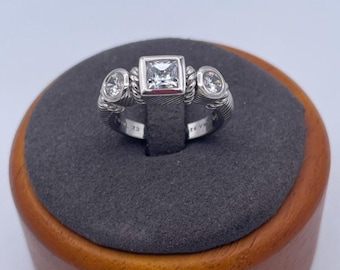 Judith Ripka Sterling Silver 925 CZ Three Stone Ring Princess Cut Center Size 7