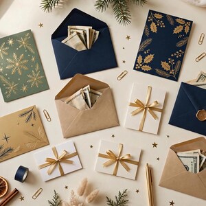 May include: A collection of holiday greeting cards, envelopes containing US dollar bills, and small gift boxes tied with gold ribbon. The set includes dark blue, kraft brown, and green paper items decorated with gold foil snowflakes and holly.
