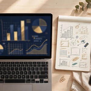 May include: A silver laptop displaying blue and gold data charts, a white spiral-bound notebook with hand-drawn sketches of graphs and grids, a black smartphone, and several colorful markers arranged on a light-colored wooden surface.