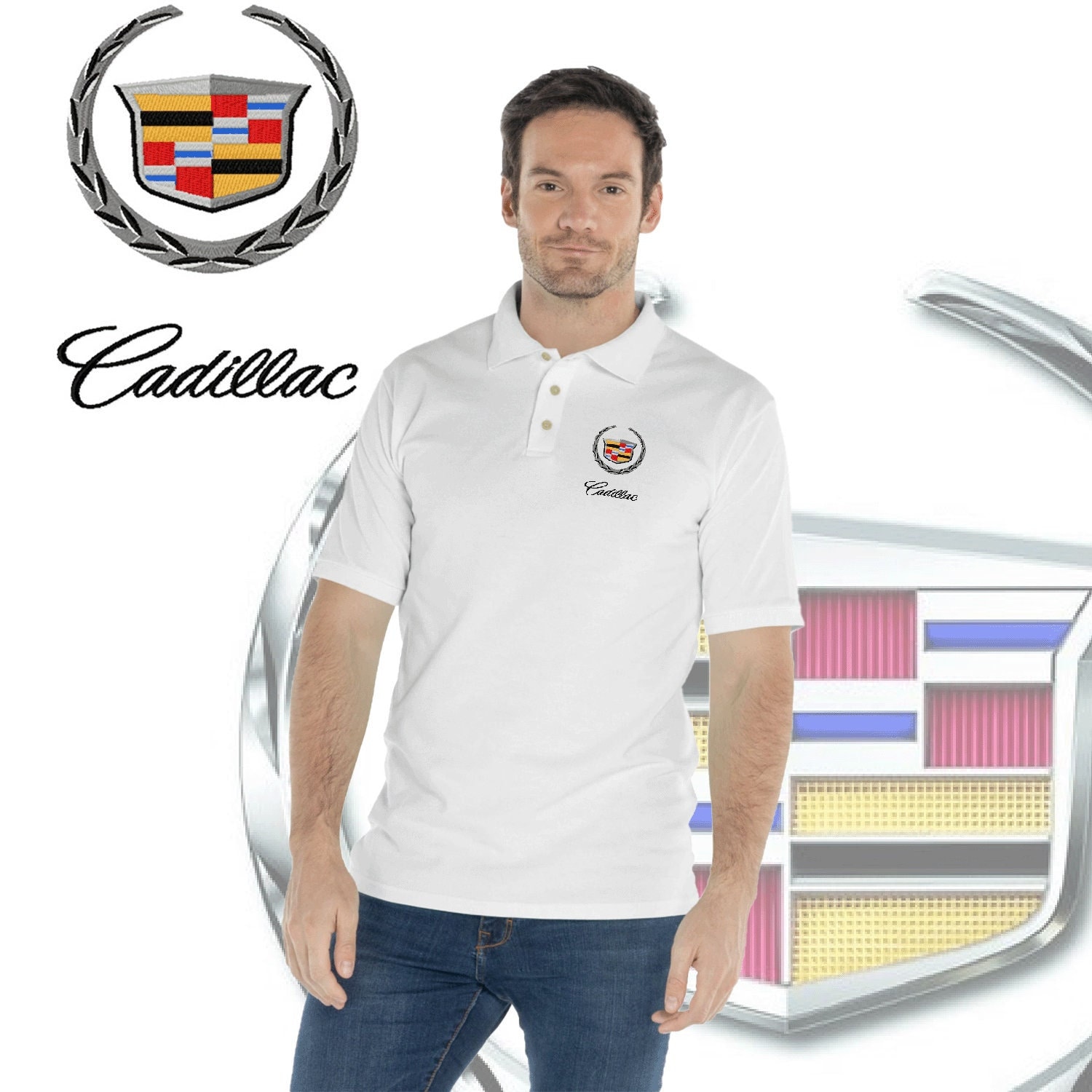 Cadillac Logo Polo Embroidery Gm Shirt Men