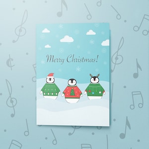 Biglietto d'auguri musicale con pinguini di Natale / Biglietto di Natale carino, biglietto di Natale unico realizzato con finitura a vernice, biglietto di auguri natalizi 00203