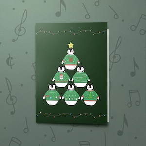 Cartão de Árvore de Natal com Pinguim e Acabamento em Verniz | Cartão de Natal Musical, Cartão de Natal Gravável, Cartão de Feliz Natal Fofo 00202