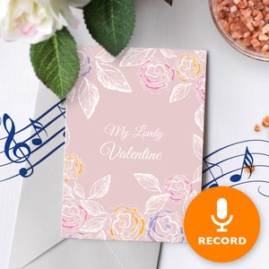 Biglietto di San Valentino con musica registrabile / Biglietto di San Valentino con rose e finitura in lamina e vernice, biglietto d'amore floreale rosa, biglietto per fidanzato 00016