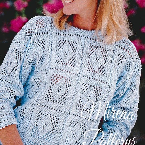 Knitting pattern ladies light blue sweater with lacy squares, summer womens knitwear, pdf pattern, instant download
