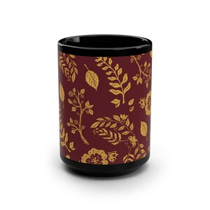 FALL SEASONAL Black Mug, 15oz- Simple Elegance in a Fall Leaves Design , Perfect Seasonal Gift, Work Mug and Home Mug
