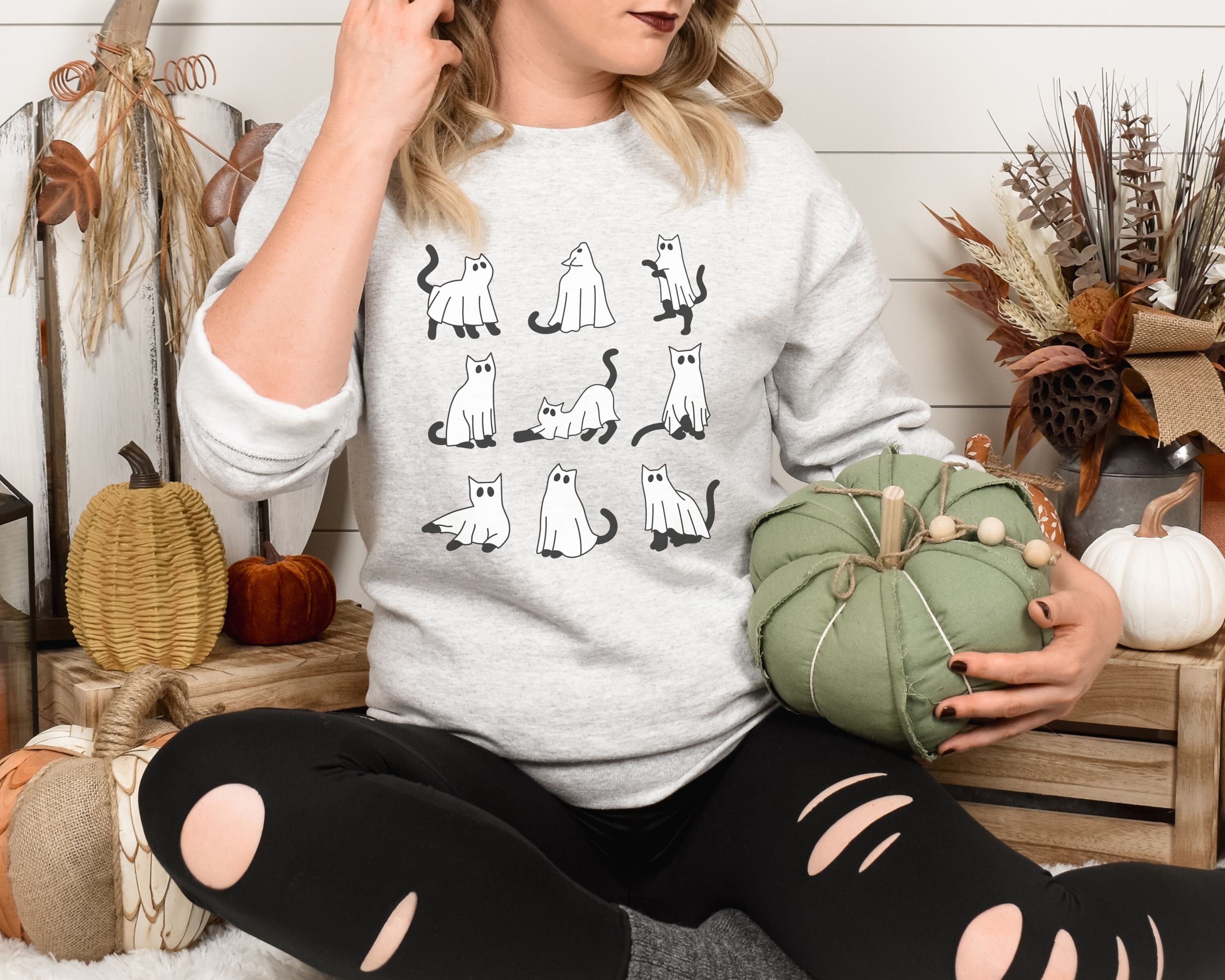 Halloween Sweatshirt Ghost Cat Crewneck Sweatshirt Black Etsy