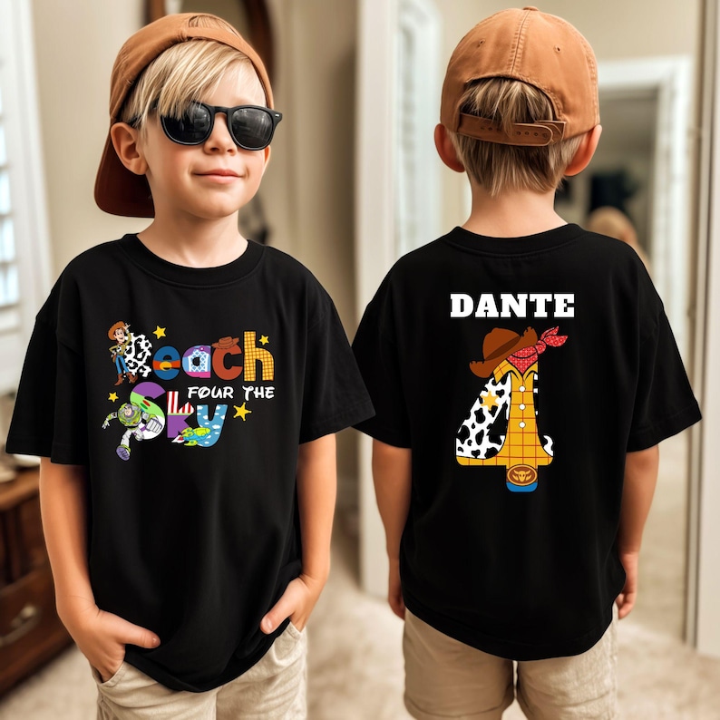 Toy Story 4th Birthday Shirt, Custom Name, Woody Buzz Jessie Tee Black
