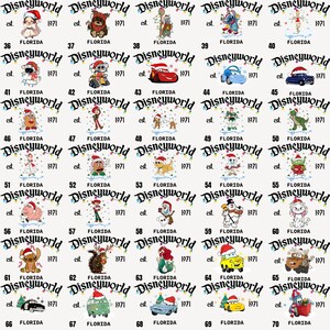 May include: A collection of Disneyworld Florida souvenir designs, each featuring a different character or vehicle with a Santa hat. The designs include text that reads "Disneyworld" and "Florida est. 1971".