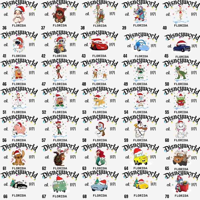 May include: A collection of Disneyworld Florida souvenir designs, each featuring a different character or vehicle with a Santa hat. The designs include text that reads "Disneyworld" and "Florida est. 1971".