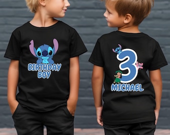 Disney Stitch Personalizable Birthday Boy Shirt, Custom Age Birthday Boy Tee, Stitch And Angel Birthday Party Shirt, Birthday Party Shirt