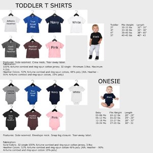 May include: Toddler t-shirt colour chart with options for athletic heather, true royal blue, navy, white, dark heather grey, heather maroon, and pink. Onesie colour chart with options for athletic heather, true royal blue, navy, white, and black. The chart includes size and weight information for both toddler t-shirts and onesies.