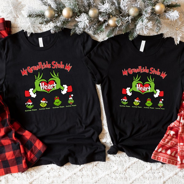 My Grandkids Stole My Heart Custom Name T-shirt, Family Matching T-shirt, Personalization T-shirt, Christmas Gift, Green Monster Christmas