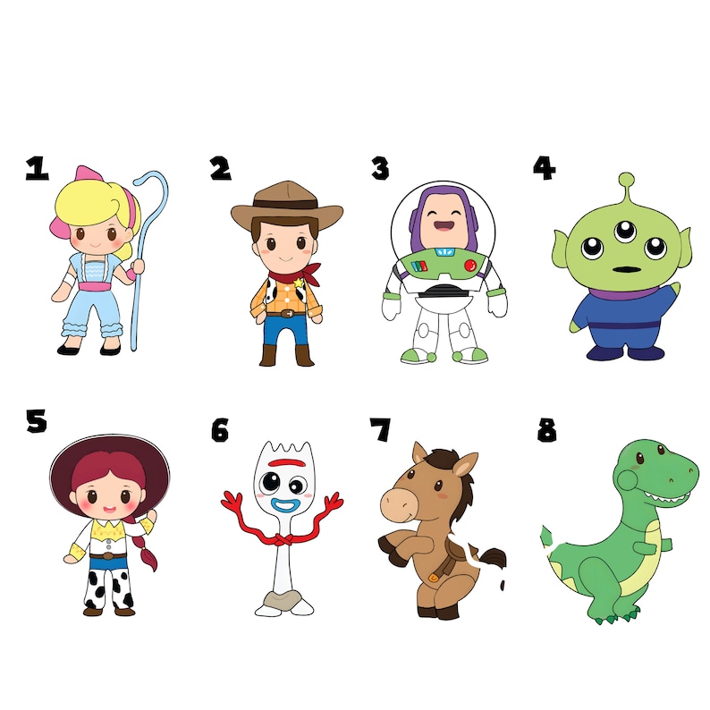 K&ouml;nnte beinhalten: Eine Sammlung von acht Cartoon-Charakter-Illustrationen. Die Charaktere umfassen ein blondes M&auml;dchen mit einem Hirtenstab, einen Cowboy, einen Weltraumranger, einen dre&auml;ugigen Au&szlig;erirdischen, ein Cowgirl, eine Gabel, ein Pferd und einen gr&uuml;nen Dinosaurier.