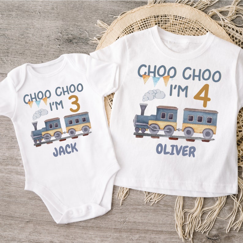 Choo Choo I'm Two Birthday T-Shirt, Train Birthday Shirt, Choo choo I'm two personalised Train Tshirt, Boys Birthday Shirt image 2