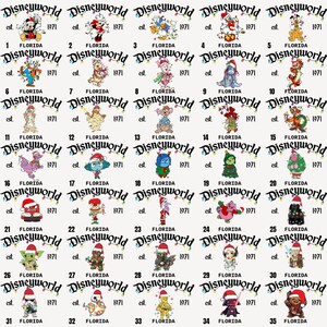 May include: A repeating pattern of Disneyworld logos and characters, each with a Santa hat, against a white background. The logos include the text "Disneyworld" and "Florida 1971".