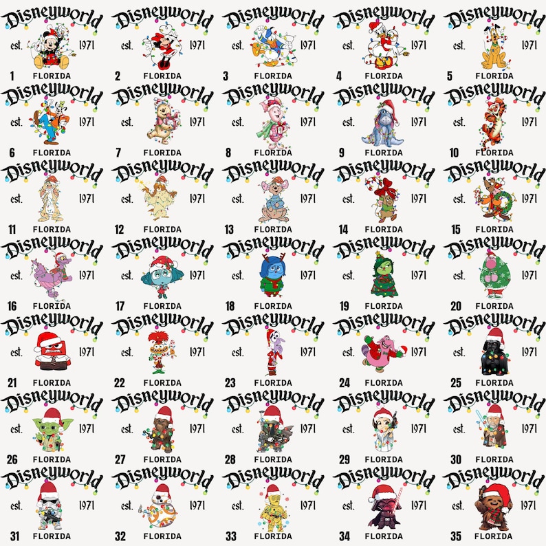 May include: A repeating pattern of Disneyworld logos and characters, each with a Santa hat, against a white background. The logos include the text "Disneyworld" and "Florida 1971".