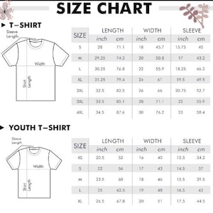 Peut inclure: Tableau des tailles pour t-shirts et t-shirts pour enfants. Le tableau indique les mesures en pouces et en centim&egrave;tres pour diff&eacute;rentes tailles, y compris la longueur des manches, la largeur et la longueur.