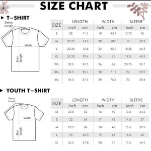 May include: Size chart for t-shirts and youth t-shirts. The chart shows measurements in inches and centimetres for different sizes, including sleeve length, width, and length.