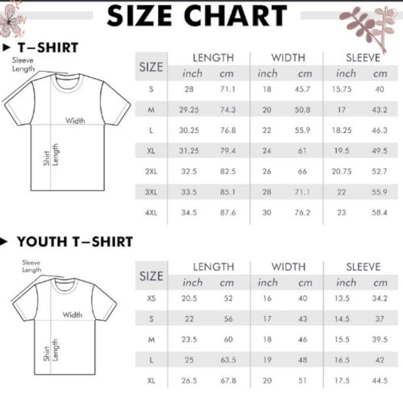 May include: Size chart for t-shirts and youth t-shirts. The chart shows measurements in inches and centimetres for different sizes, including sleeve length, width, and length.