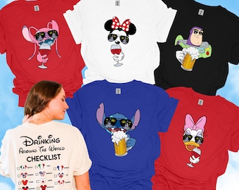 Disney Characters Drinking Around The World Checklist Shirts,  Epcot Vacation Shirts, Drinking Around The World Matching Shirts