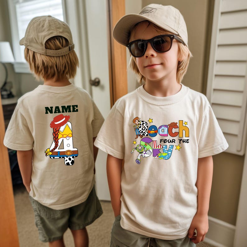 Toy Story 4th Birthday Shirt, Custom Name, Woody Buzz Jessie Tee Natural