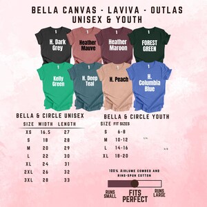 May include: A collection of eight short-sleeved t-shirts in various colors including dark grey, heather mauve, heather maroon, forest green, kelly green, heather deep teal, heather peach, and heather columbia blue, with a size chart for unisex and youth.