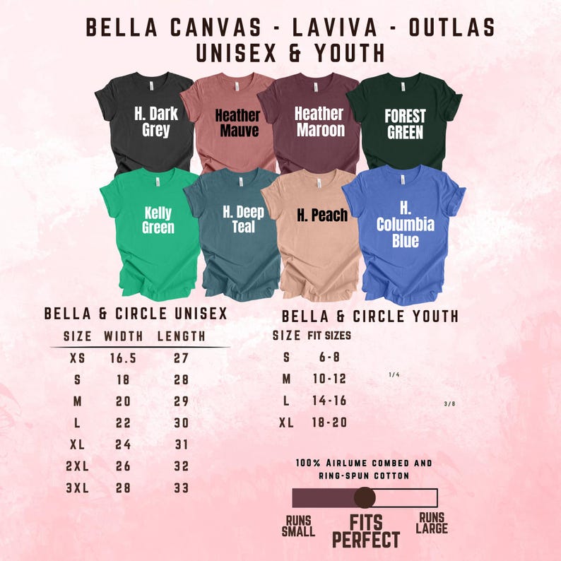 May include: A collection of eight short-sleeved t-shirts in various colors including dark grey, heather mauve, heather maroon, forest green, kelly green, heather deep teal, heather peach, and heather columbia blue, with a size chart for unisex and youth.
