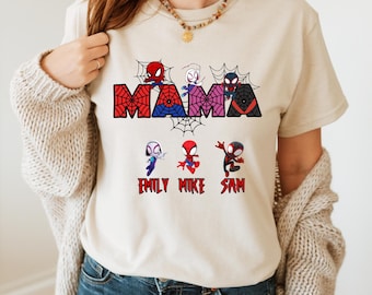 Custom Spiderman Mama With Kids Name Shirt, Spider Mama Shirt, Spiderman Family Shirts, Personalized Kid Name, Mother's Day Gift Shirt