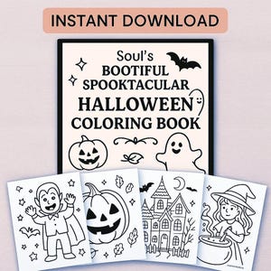 Puede incluir: Un libro para colorear de Halloween en blanco y negro con el texto "Soul's Bootiful Spooktacular Halloween Coloring Book". La imagen incluye dibujos de un vampiro, calabaza, casa embrujada, bruja y fantasma.