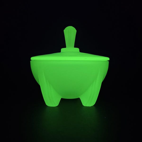 Frosted Uranium Glass Covered Powder Jar