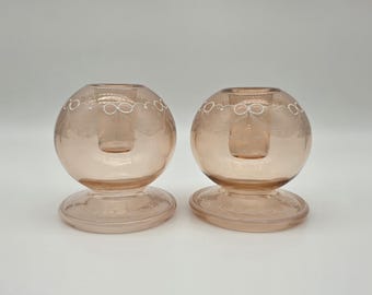 Vintage Pink Handpainted Sphere Candlestick Holders