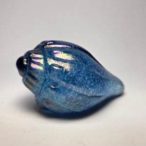 May include: A blue iridescent glass seashell. The shell has a spiral shape with a textured surface and a glossy finish. The colors shift from blue to gold and purple depending on the light.
