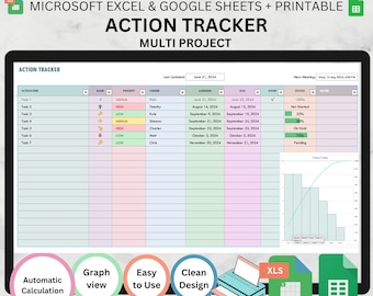 Action Tracker: Project Management Excel + Google Sheets (Printable)