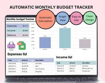 Automatic Monthly Budget Tracker: Excel Spreadsheet (Digital Download)