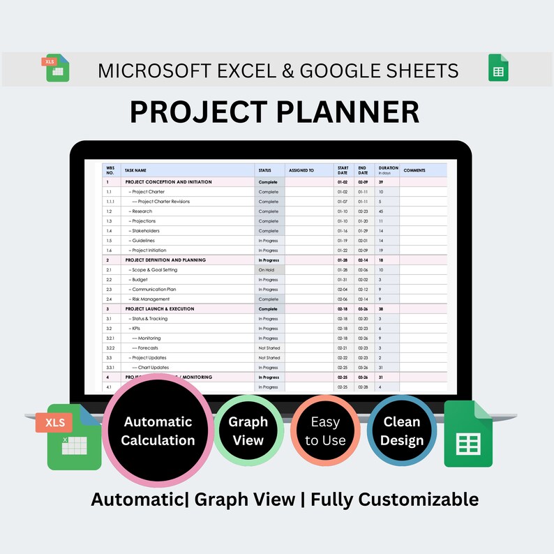Project Planner: Excel & Google Sheets With Gantt Chart (digital ...