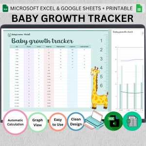 May include: A printable baby growth tracker chart with a giraffe illustration. The chart includes sections for age, weight, length, and percentile. The chart is designed for use with Microsoft Excel and Google Sheets.