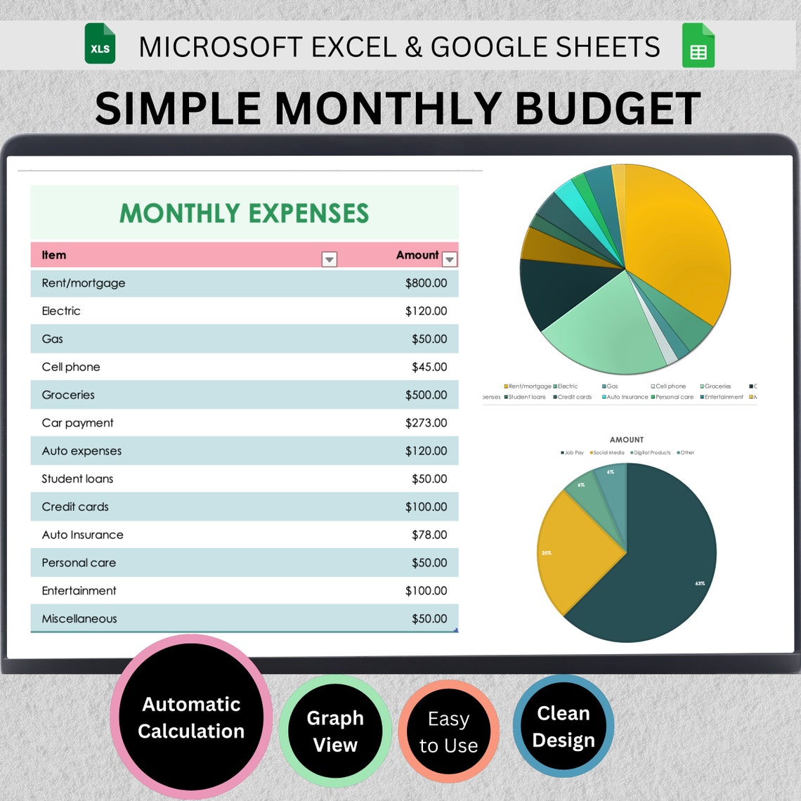 Simple Monthly Budget Template: Excel & Google Sheets (digital Download ...