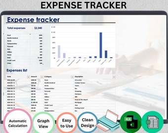 Excel Expense Tracker: Automatic Calculation, Graph View (Digital Download)