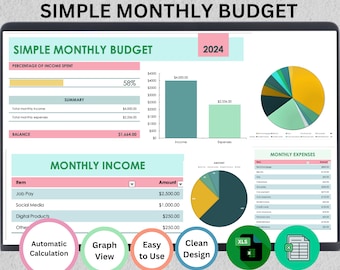 Presupuesto mensual simple Plantilla de Excel Hoja de cálculo Google Sheets Descarga digital Rastreador de presupuesto mensual hoja de cálculo de finanzas presupuesto de cheque de pago