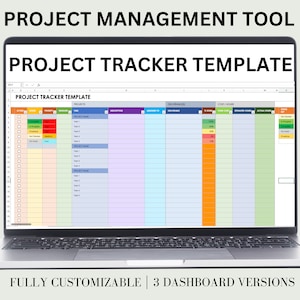 May include: A laptop computer screen displaying a project tracker template spreadsheet with columns for project name, description, assigned to, deliverables, % done, cost, estimated hours, actual hours, and status. The spreadsheet is color-coded and includes a title that reads "Project Tracker Template".