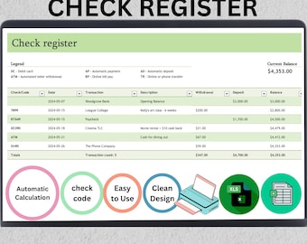 Excel Check Register Template: Printable Checkbook Register (Digital Download)