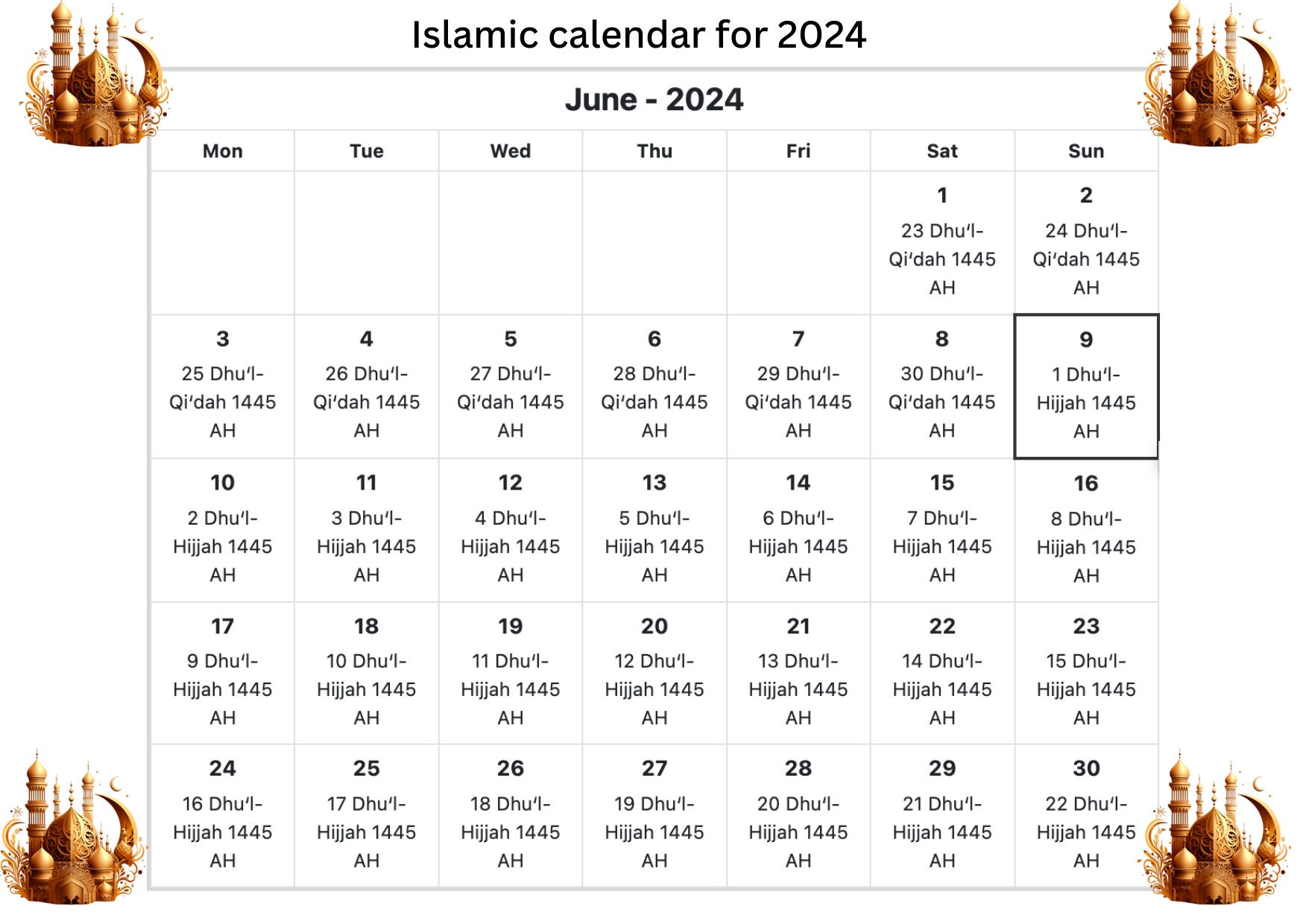 Islamic Calendar 2024 Islamic Hijri Calendar 2024 Islam Calendar 2024