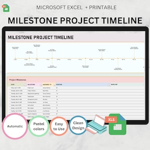 May include: A digital project timeline template on a tablet, featuring a project milestones chart with dates, milestones, and assigned individuals. The design uses pastel colours and the text "MILESTONE PROJECT TIMELINE".